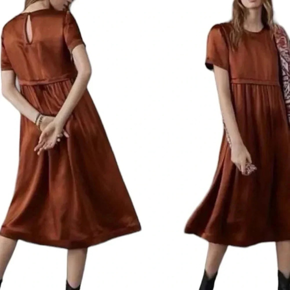 Anthropologie Maeve Jimena Midi Dress Satin Slouchy Babydoll Cocoa Sz XXS NWT - Picture 1 of 14